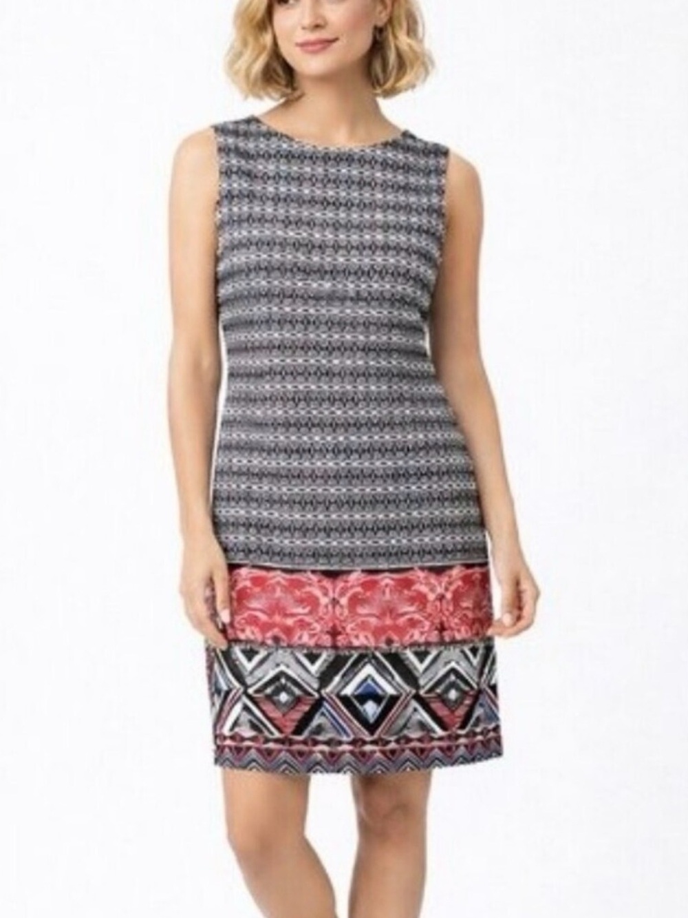 Mario Serrani Black and White Printed Dress with Red Hem Detail